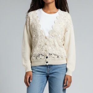 CLIO Cardigan Cream Crochet Knit  Cottagecore Ramie Cotton Vintage Size Medium